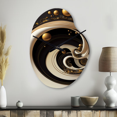 Maybank Black, Silver And Gold Blending Swirls VII - Abstract Spirals Asymmetrical Metal Wall Clock, Black Freeform Wall Clock Print