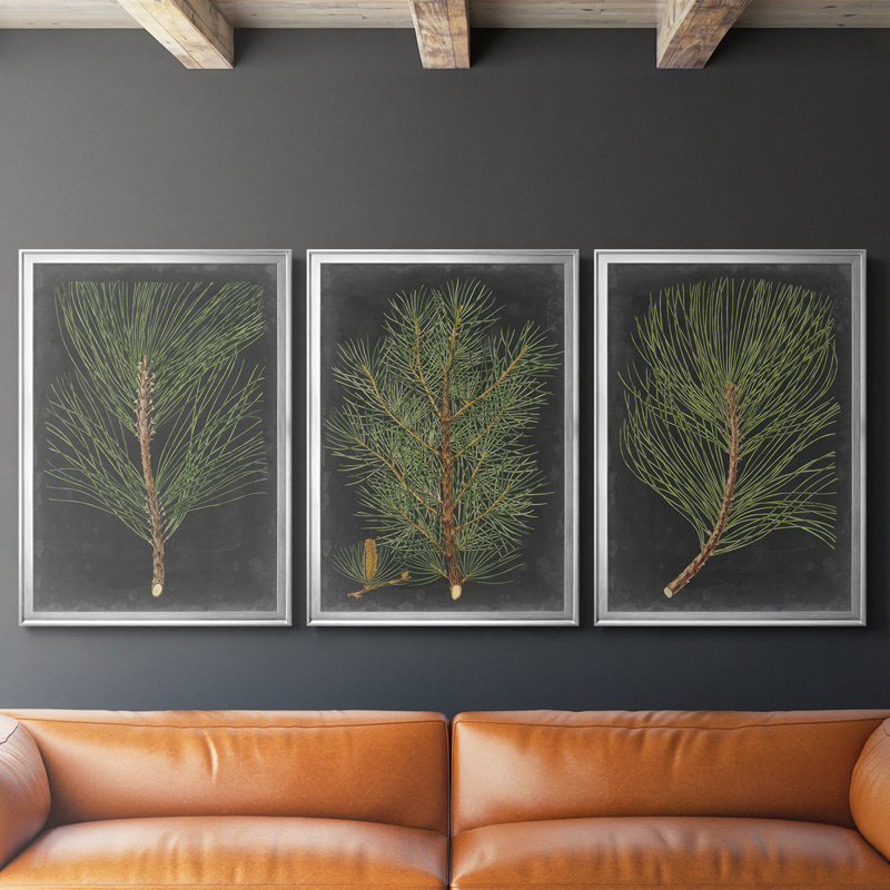 Dramatic Pine I - Toile tendue avec châssis sur mesure - 3 pièces, Argent argent, H 19 po x l 45 po