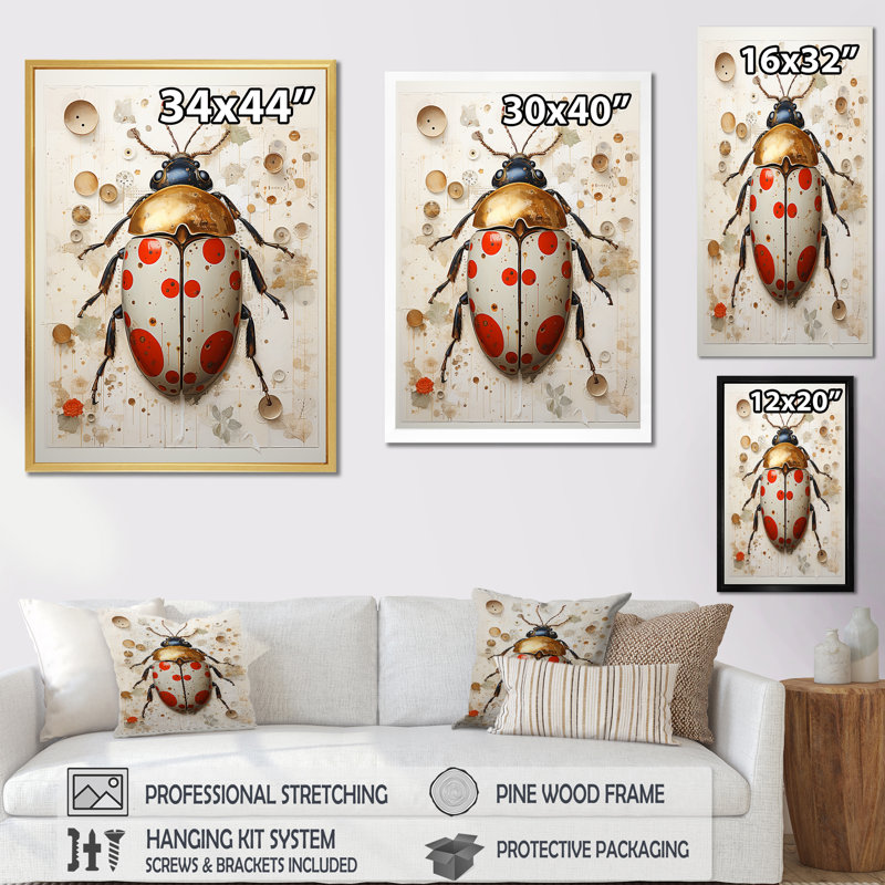 «Gold Vintage Minimalisme Beetle I» sur toile, H 40 po x l 30 po x P 1,5 po, Cadre simple noir