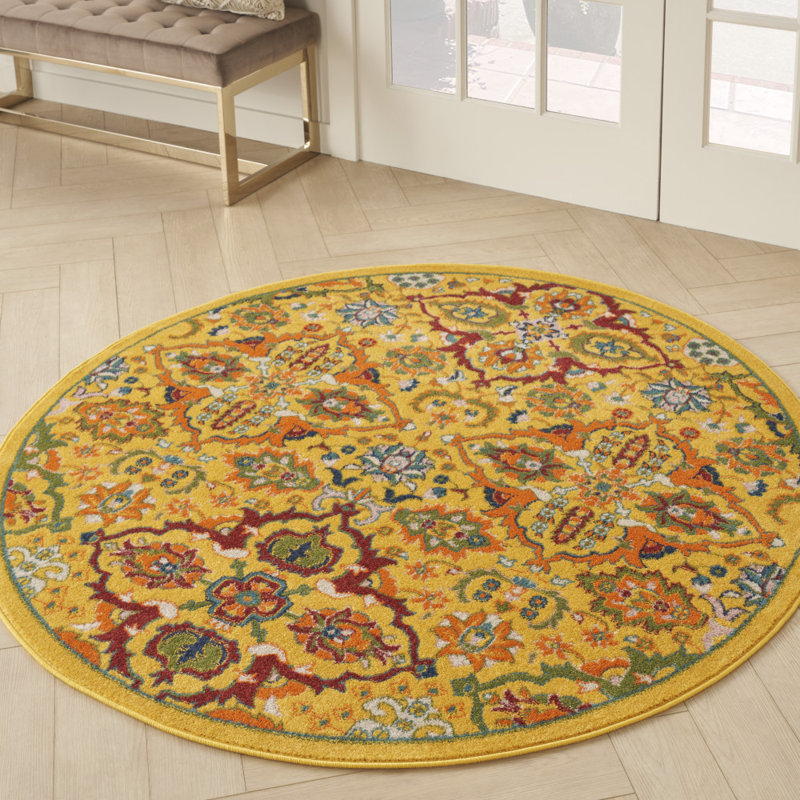 Tapis jaune à motif floral Weirton, Rond 5 pi 3 po