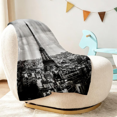 Jeté en molleton noir ultra doux en flanelle, imprimé Paris simple et Eiffel blanc