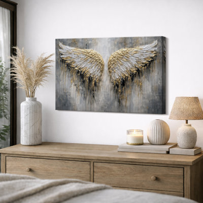 Gold Drip Wings Artwork, Modern Abstract Angel Wings Living Room Pictures, Framed Canvas Giclee Print Wall Art