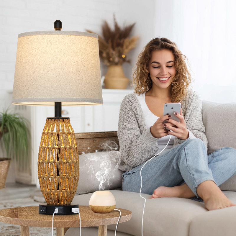Adone 27" Natural Rattan Bedside Table Lamp with Dual USB Ports and Touch Control, 27" x 12.5" W x 12.5" D, Geometric