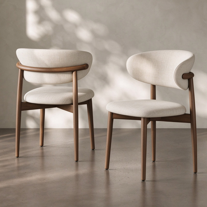 Mid-Century Modern Beige Dining Chairs, Brown Solid Oak Wood Kitchen Chairs for Dining Room, Off White Cotton Linen, No Assembly Required