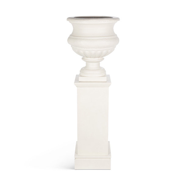 Large Metal Portico Urn with Tall Pedestal, Soft White, White