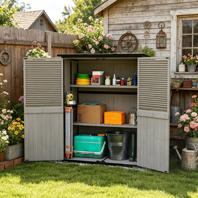 Outdoor Wooden Shed with Shelf, Gray