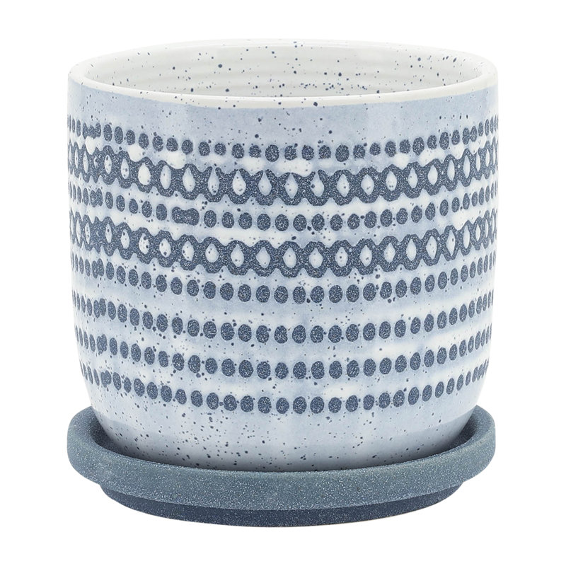 Contemporary Dotted Ceramic Planter with Saucer, 1, Geometric Blue