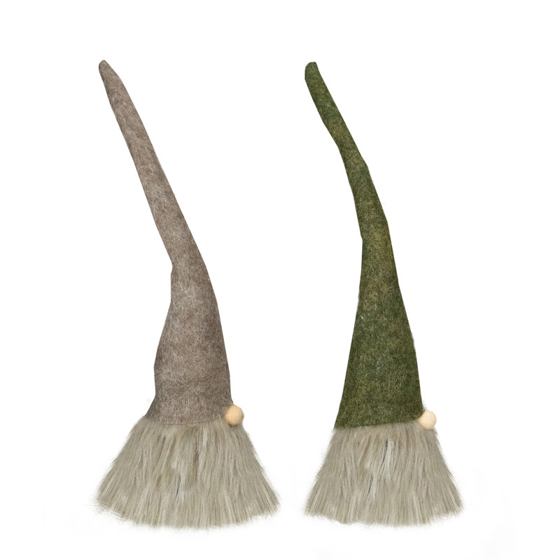 Nordic Christmas Gnome Figurines with Green and Brown Felt Hats - Set of 2