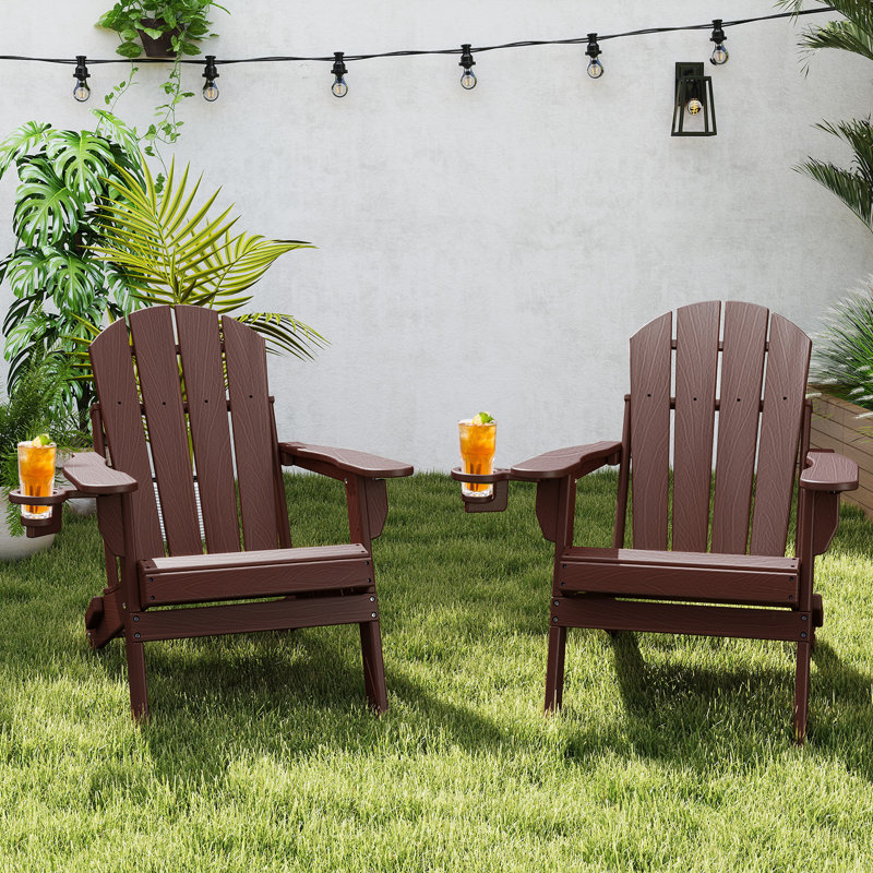 Chaise Adirondack pliante en HDPE avec porte-gobelet (ensemble de 2), Bois brun