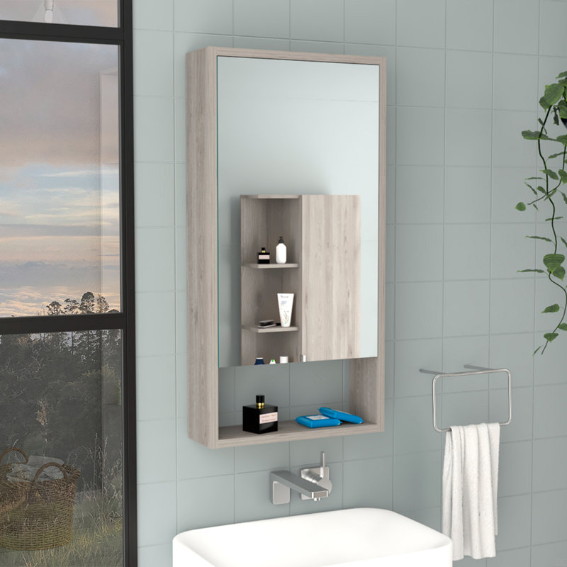 Armoire à pharmacie à porte simple H 35 po, deux tablettes intérieures, une tablette extérieure, Gris