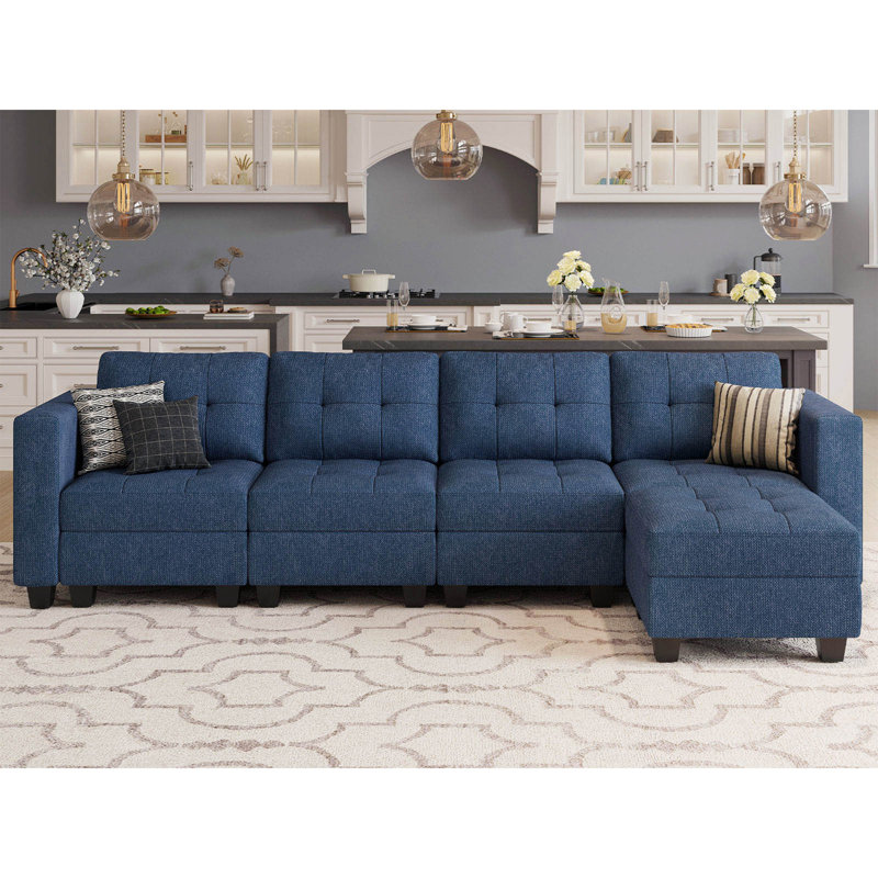 Ashbury Hunsicker 116.6'' W Shaped Variable Sectional Couch Module Polyester Blend Upholstered Storage Sofa, Blue Linen Blend