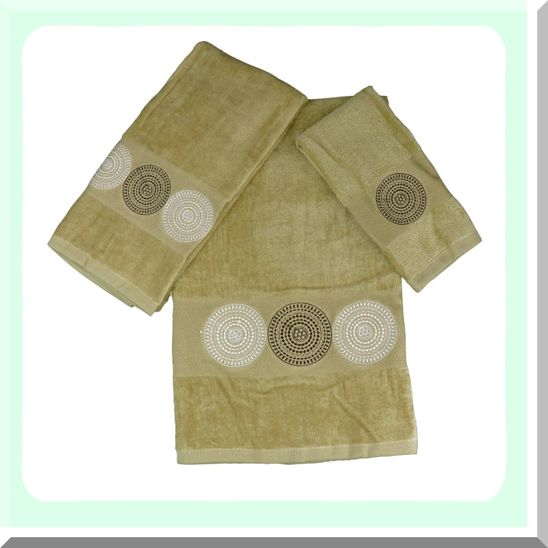 UltraSoft Luxe Cotton Embroidered Towel Set - Modern 3 Piece, Dark Brown Circles on Taupe
