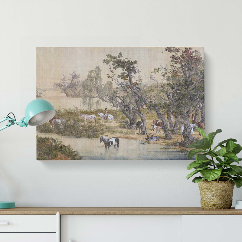 Horses By The Stream by Lang Shining - Wrapped Canvas Painting, 35cm H x 50cm W x 3cm D