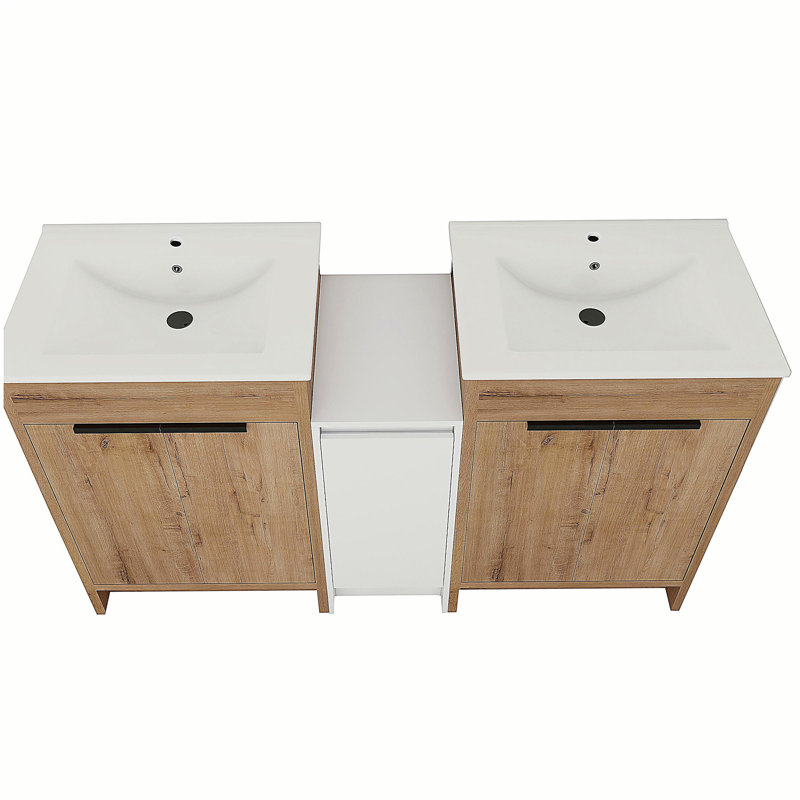 Armoire de salle de bain indépendante avec lavabo en céramique et armoire de rangement, porte à fermeture en douceur