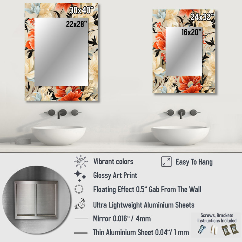 Finton jaune et rose contemporain fusion florale Essence Meadow - miroir floral, miroir mural décoratif de campagne, impression d'art en métal