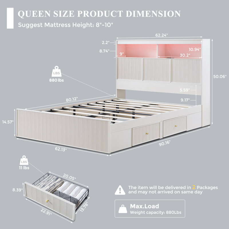  Bed Frame with Storage Headboard, LED Lights/Storage Headboard Charging Station, Modern 4-Drawers with Fluted Queen Size Wood Platform Bed Frame