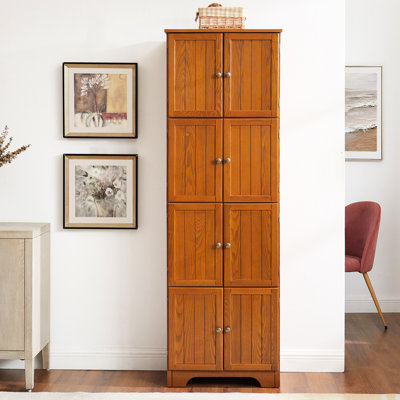 72.4" Tall Storage Cabinet In Oak, 8 Doors 4 Shelves. For Multiple Rooms. Smooth Finish, Stable Structure Various Settings. Robust