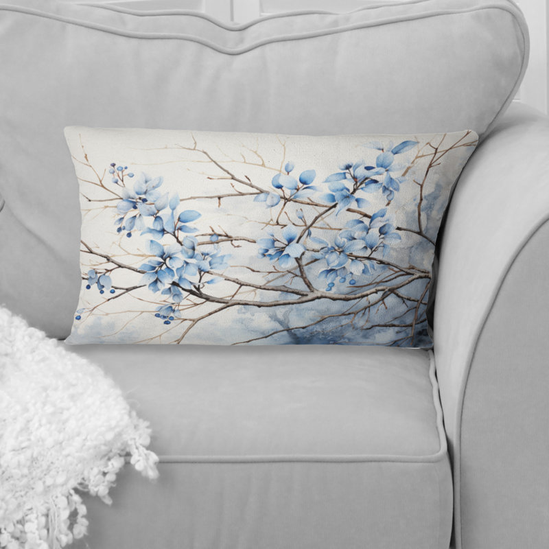 Feuilles bleues et grises sur une branche - feuilles imprimées  , Rectangle H 12 po x l 20 po