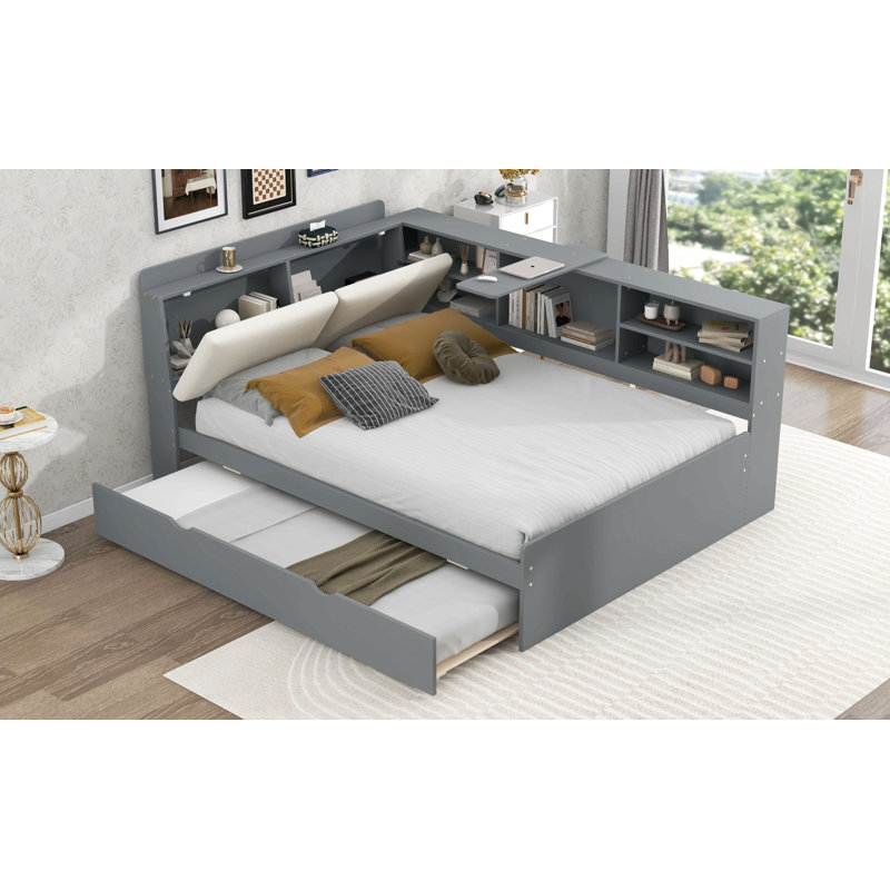 Lit plateforme en bois avec lit gigogne, tablettes et tête de lit, Gris