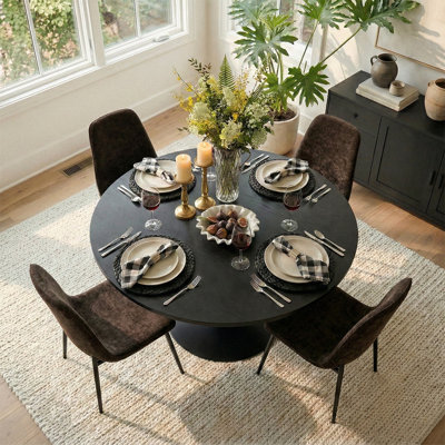 4 - Person Dining Table Sets With Round Table & 4 Upholstered Chenille Chairs