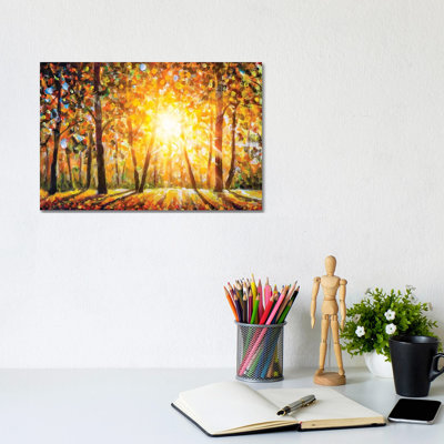 Autumn Forest Landscape with Sun Rays and Colorful Autumn Leaves 1 Piece Wrapped Canvas Painting
