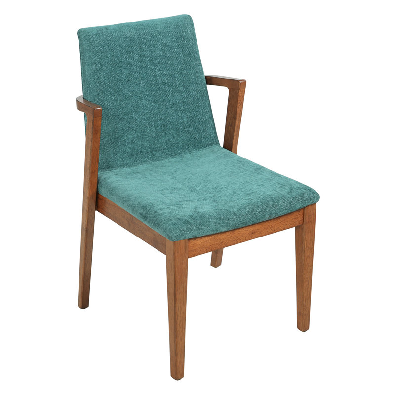 Ensemble de 2 chaises de salle à manger de style Mid-Century moderne avec accoudoirs rembourrés en tissu vert avec structure en bois d'hévéa couleur noyer, capacité de 250 lb pour la cuisine et la salle à manger