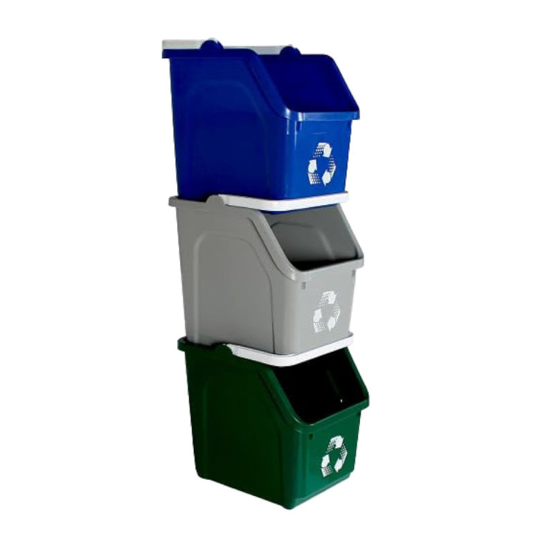 Système de recyclage multi-bacs Sturdy Essentials avec trois bacs de recyclage empilables de 6 gallons pour construire votre centre de recyclage pour les bureaux, la cuisine, les garages et les entreprises