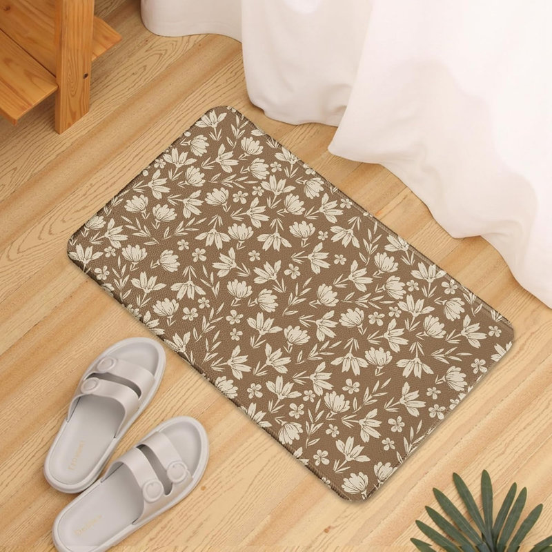 Ensemble de 2 tapis de cuisine à imprimé floral beige neutre pour cuisine et chambre à coucher, beige et blanc