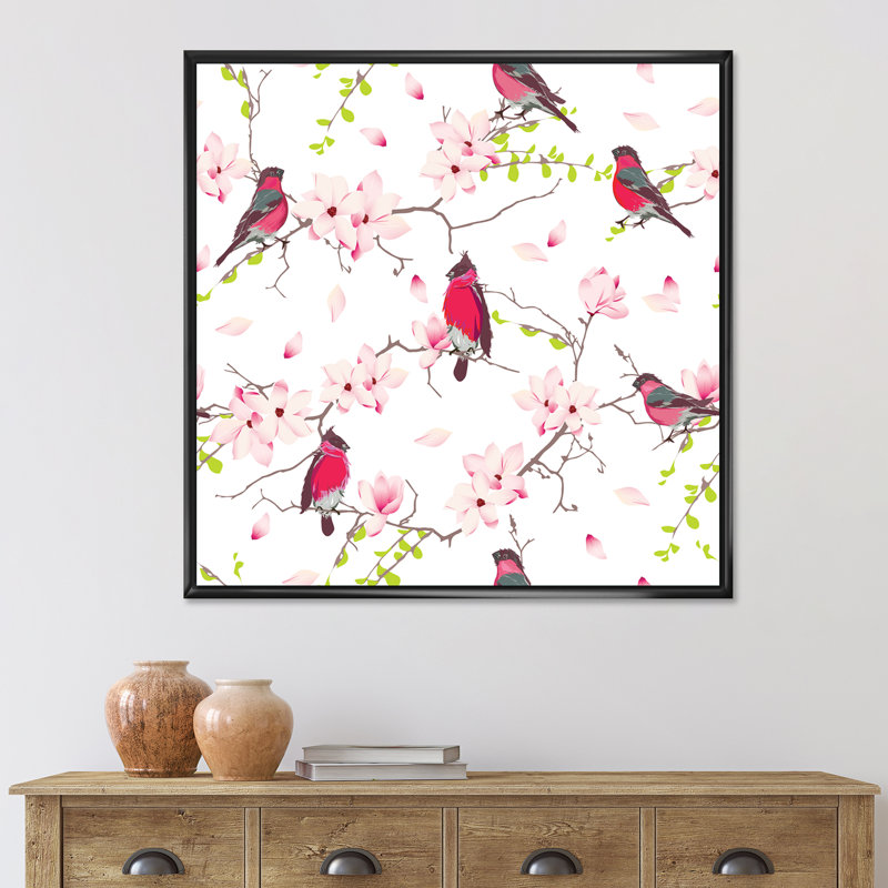 Red Bullfinches on Magnolia Tree - impression sur toile, H 36 po x l 36 po x P 1,5 po, Cadre noir