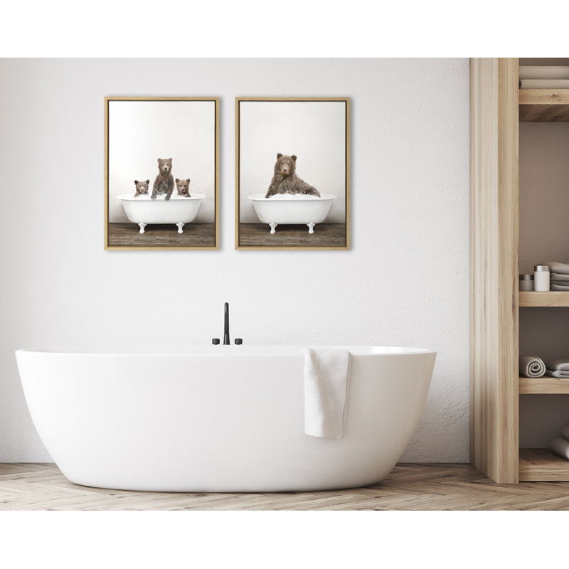 Three Bears Rustic Bubble Bath and Bear Rustic Bubble Bath by Amy Peterson Framed Canvas Wall Art Set