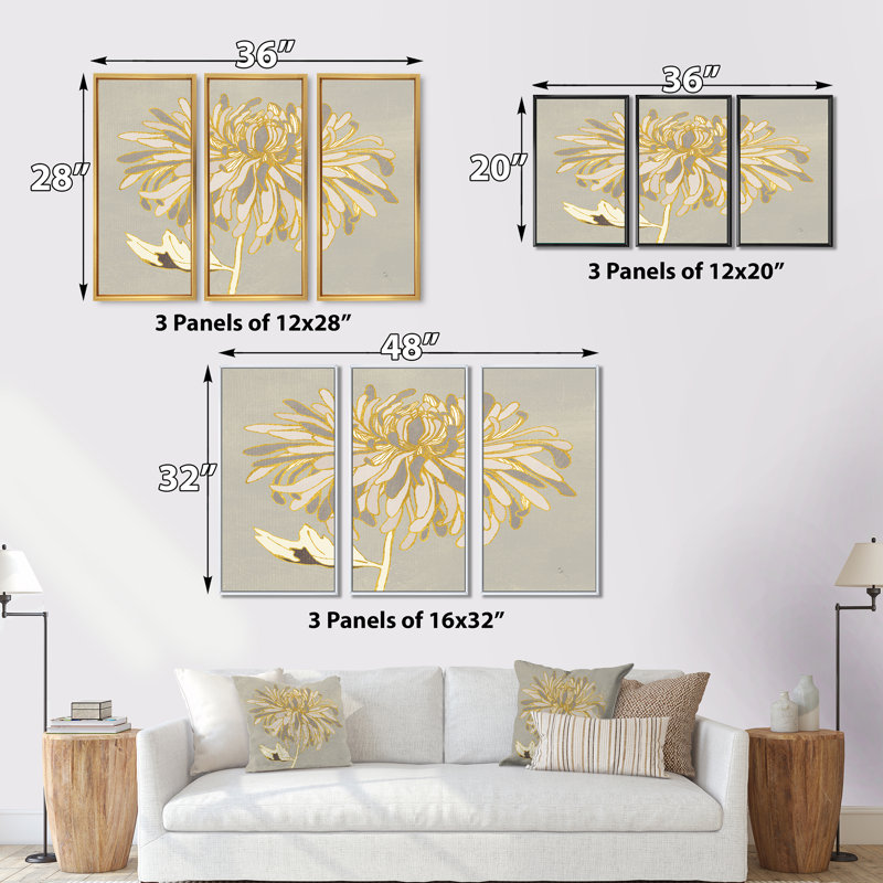 «Gold Metallic Floral Garden I», ensemble d'art mural sur toile encadré traditionnel, H 28 po x l 36 po x P 1 po, Cadre blanc