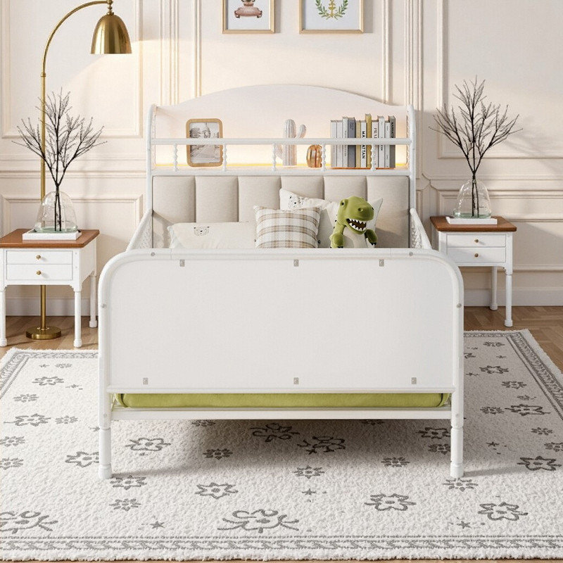 Structure de lit plateforme simple en métal avec lumières DEL, lit pour enfant avec tête de lit tapissier avec rangement