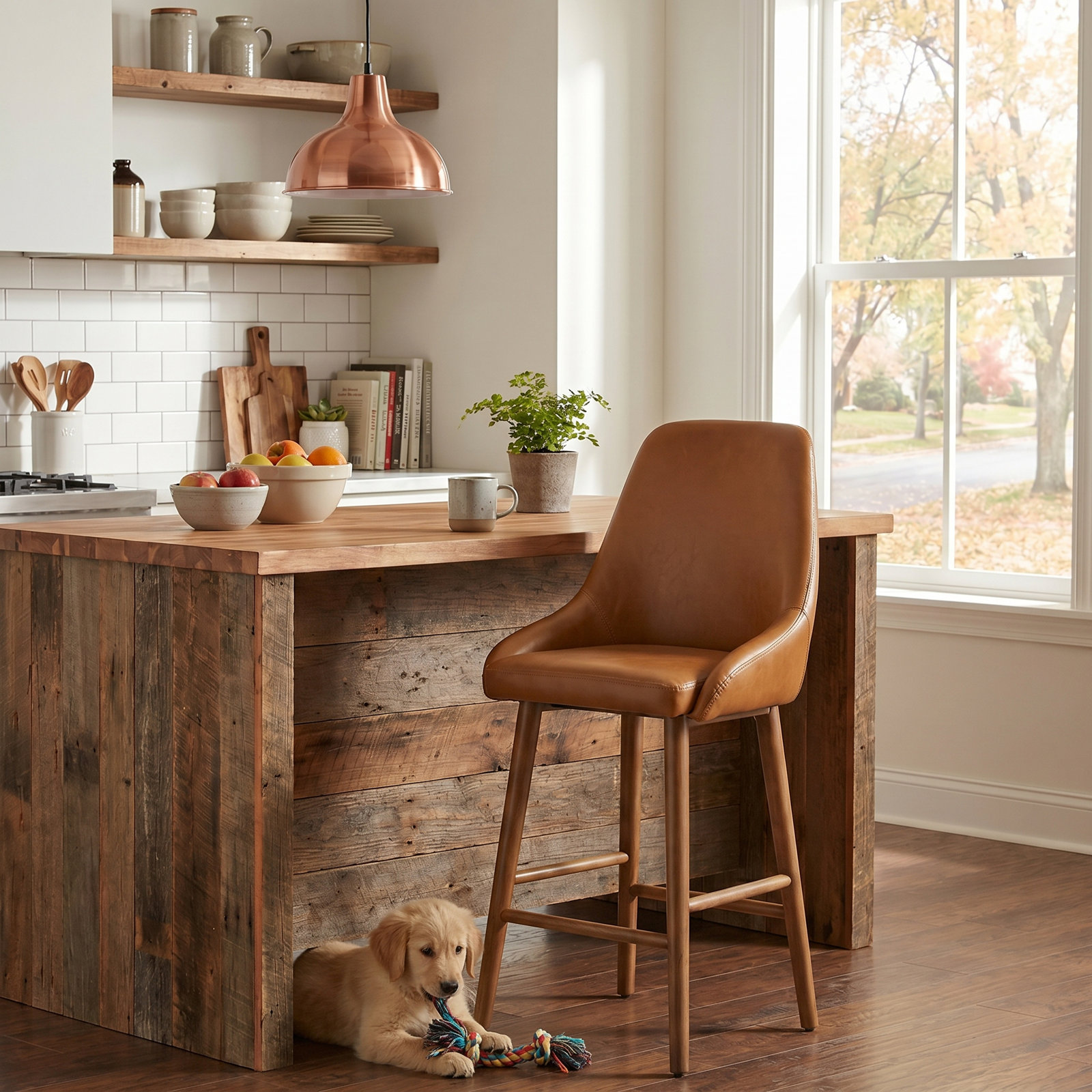 Comfortable Bar Stool Modern Barstool With Back & Wood Legs, Counter Height Upholstered Bar Chair For Kitchen Island
