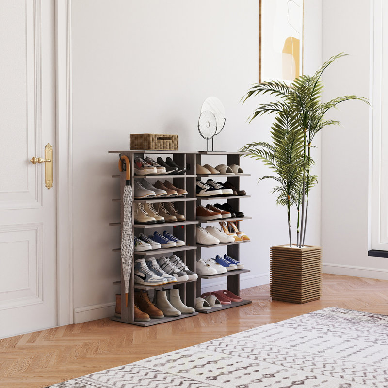 Range-chaussures, range-chaussures à 7 niveaux avec crochets, tour à chaussures d'entrée, 12 à 14 paires de chaussures, range-chaussures vertical, range-chaussures vertical, assemblage facile, économie d'espace, gris rustique, rangement pour chaussures