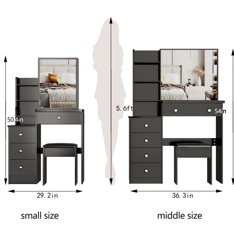 Left Bedside Cabinet Vanity With Three Color Switching Led Mirror, Adjustable Brightness, Cushioned Stool, For Compact Living Spaces Small Sized Table Touch-Control & Brightness Adjustable,