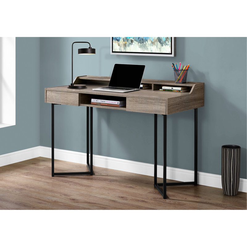 Bureau pour ordinateur portable 48 po avec tablette centrale, stratifié brun, métal noir, table de bureau moderne, l 48 po, finition taupe, 2 tiroirs, pieds en métal, taille compacte