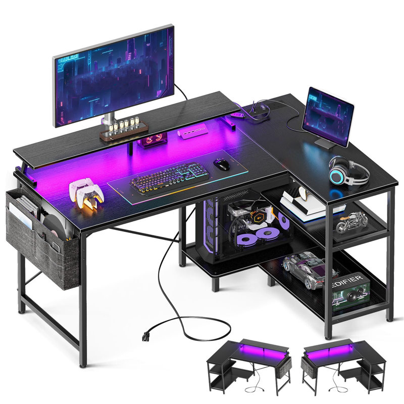 L-Shaped Computer Desk with Built-In Electrical Outlet, Black