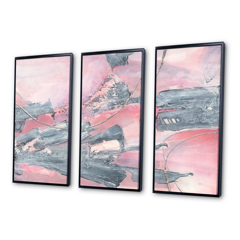 Ensemble de 3 peintures murales Durty Shabby Pink Blush III - Shabby Elegance, Noir, H 28 po x l 36 po x P 1 po