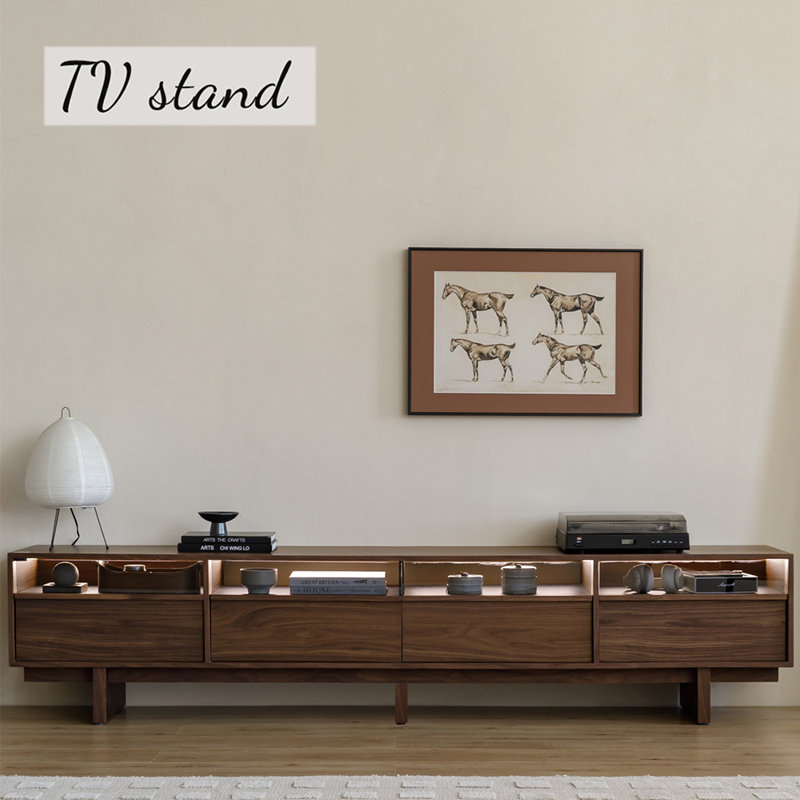 Meuble télé en bois massif avec rangement multicouche durable, L 94,49 po