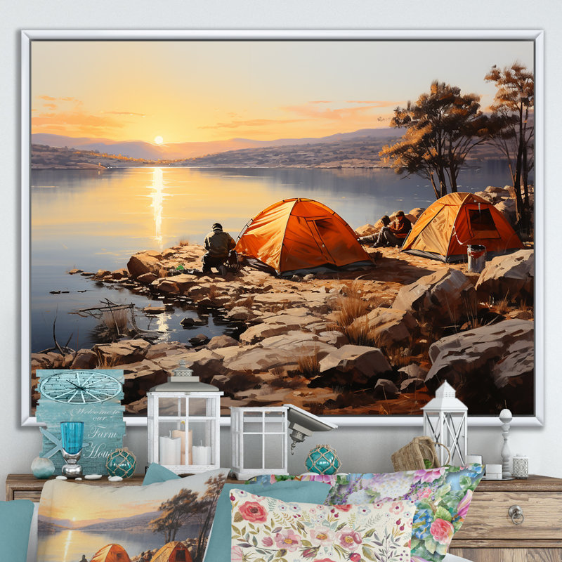 «Camping by the Lake Haven 1 - Camping Travel», art mural, Cadre flottant blanc, H 12 po x l 20 po x P 1 po