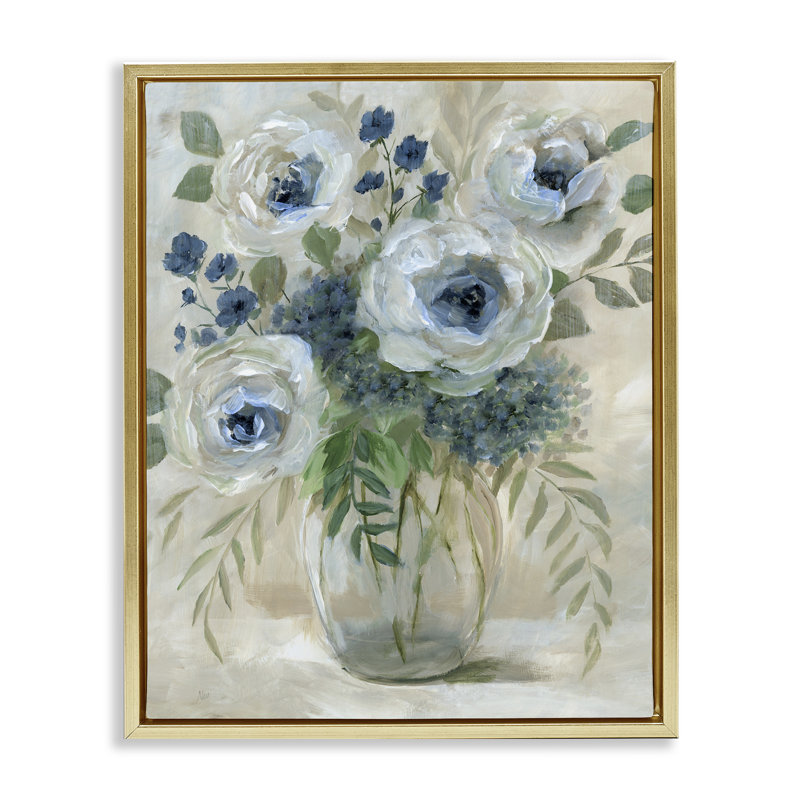 Roses with Fern Tendrils, 21" H x 17" W, Metallic Gold Floater Frame