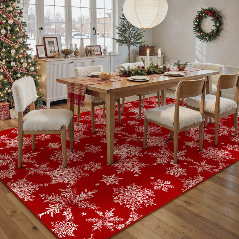 Tapis de Noël lavable Chamora avec motif classique rouge et flocon de neige, Rectangle 6 pi x 9 pi