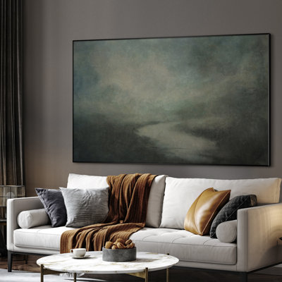 Extra Large Wall Art Fabric Print - Foggy River Scene Moody Abstract Landscape in Cool Tones Artwork Decor for Living Room or Bedroom - "Frame Assembly Required (Unfinished Frame)"