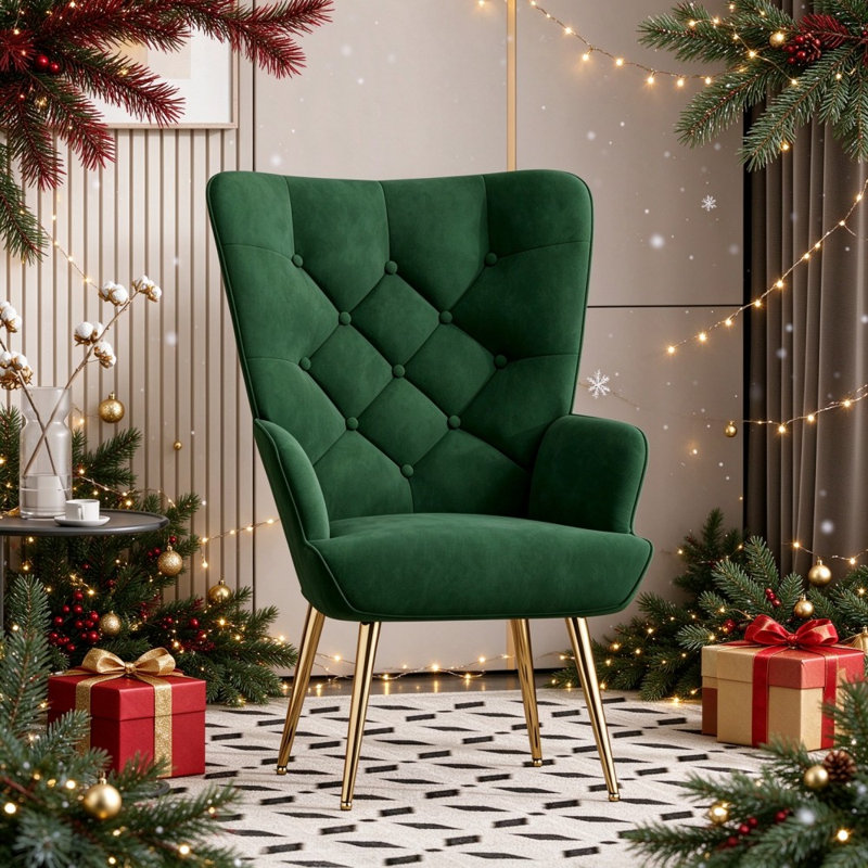 Bastoam 50Cm Wide Tufted Velvet Wingback Chair, Green, 1