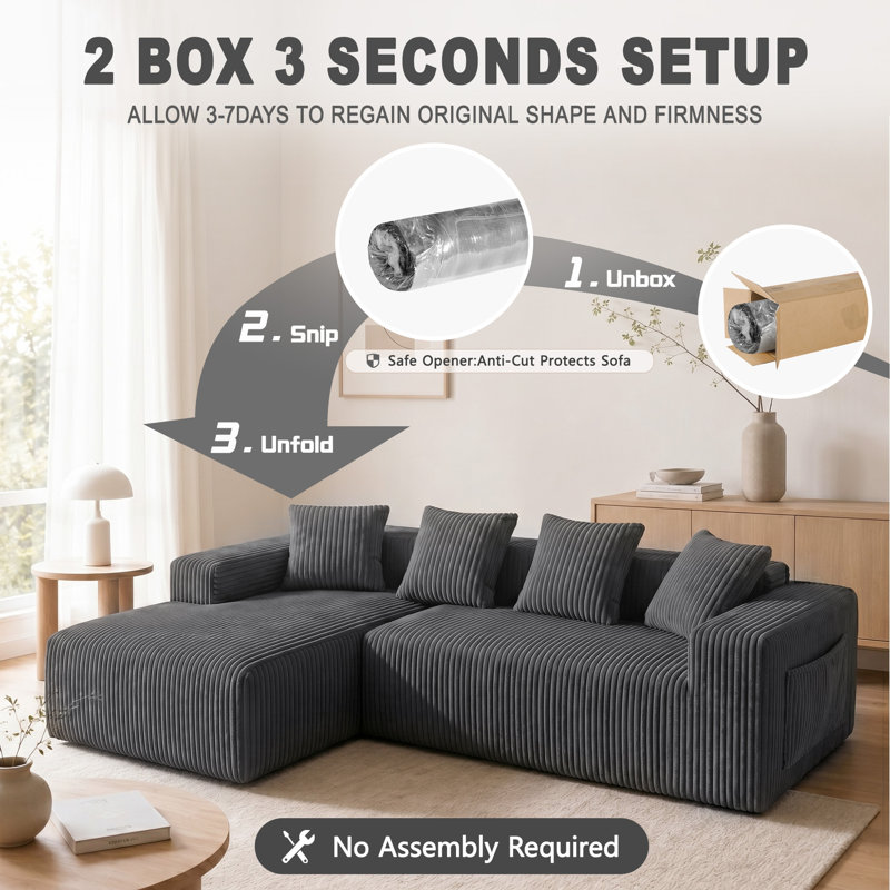 Modern Oversized 262cm Boneless Corner Sofa L-Shaped Corduroy Sofa With Storage Pockets, Left Hand Facing, Gray