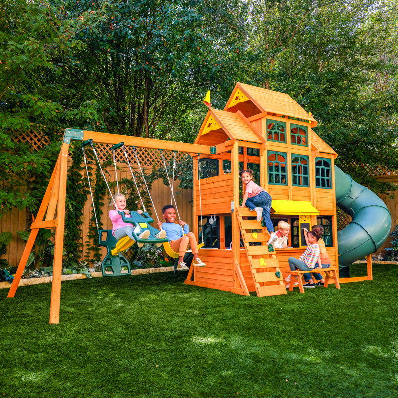 Falcon Ridge Large Wooden Swing Set with Green Tube Slide
