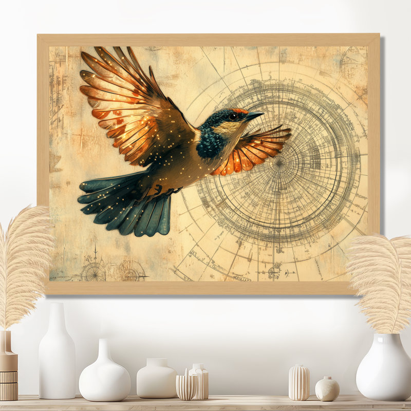 Carte des oiseaux célestes orange et vert - Tableau encadré, H 12 po x l 20 po, Natural Picture Framed