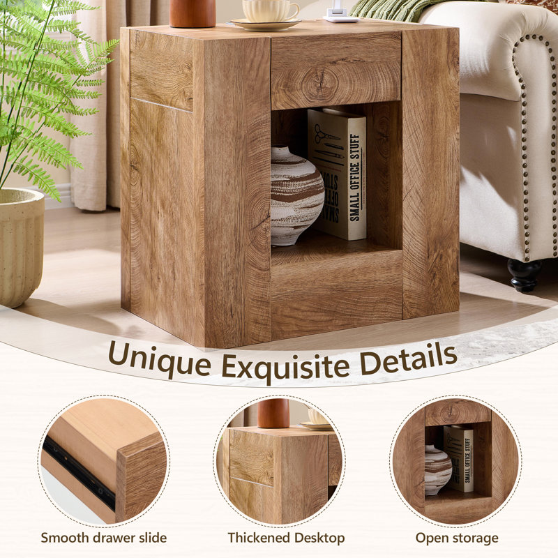 Modern Nightstand With Charging Station, 24" Large Bedside Table With Drawers & Open Shelf，Night Stand Wood Thick Design