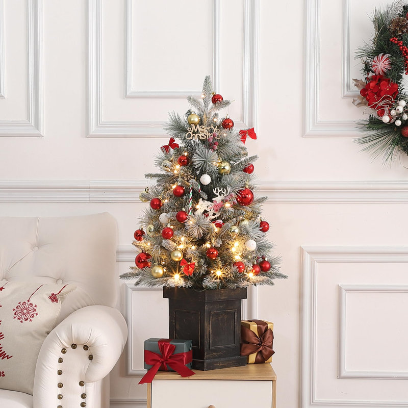 Arbre de Noël artificiel illuminé 3 pi avec boîte à lumière et mini arbre de Noël enneigé