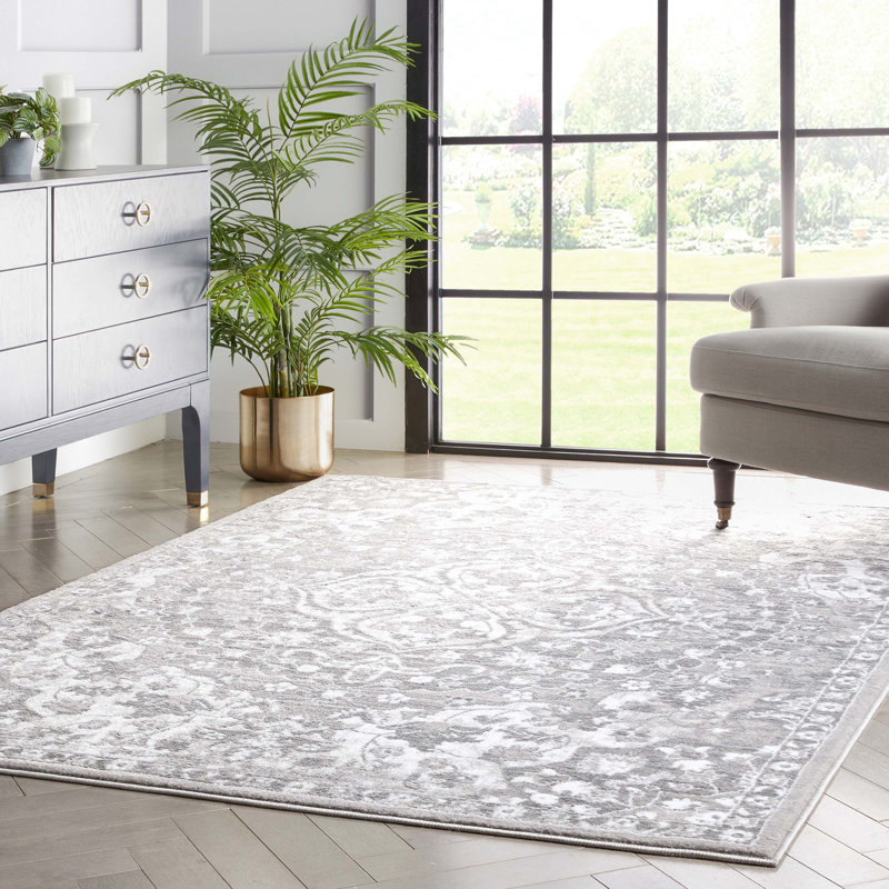 Tapis gris à motif de médaillon oriental transitionnel Granada, Rectangle 5 pi 3 po x 7 pi 3 po